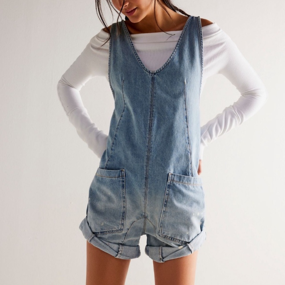 Free People We The Free Shortall Romper in Bright Eyes Blue Denim Size L